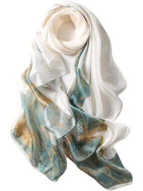 Women's White Lightweight Silk Like Scarves Flower Print Head Cotton Wrap Scarf